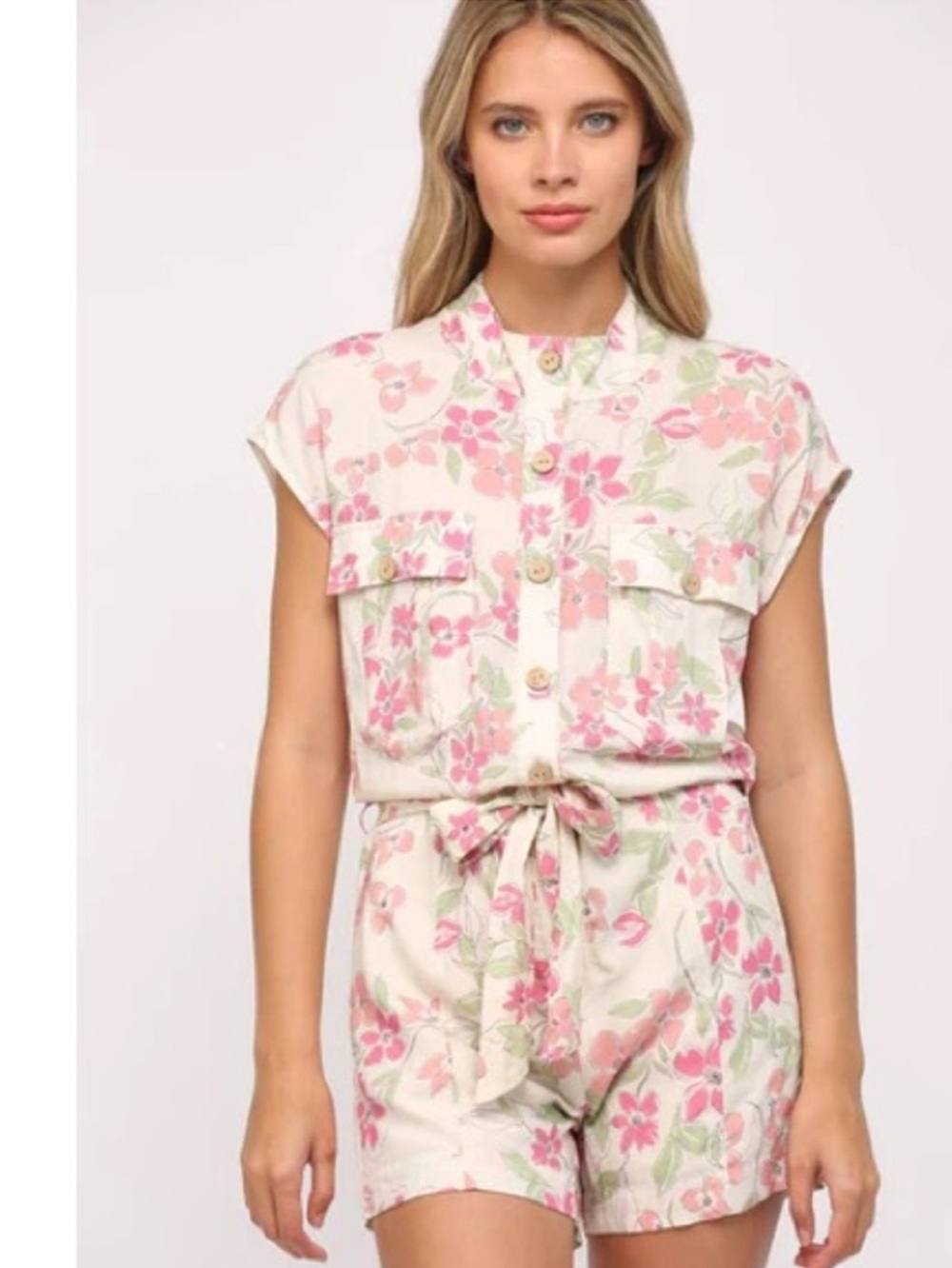 Fate NWT White with Pink & Green Flowers Waist Tie Romper - Size M